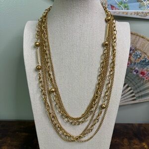 Vintage Gold Tone Layered Necklace Beaded Chain Flapper 52 Inch